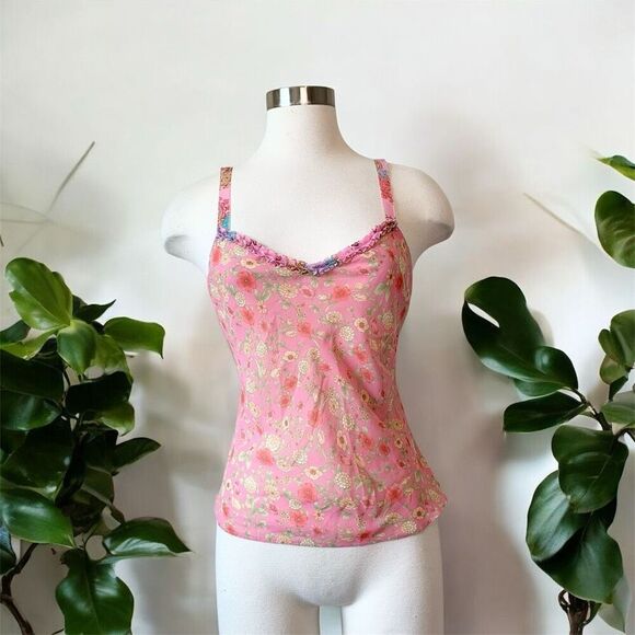 Josie Y2K Sheer Burnout Pink Foral Tank Top Blouse Small Ruffle Floral - Picture 1 of 8